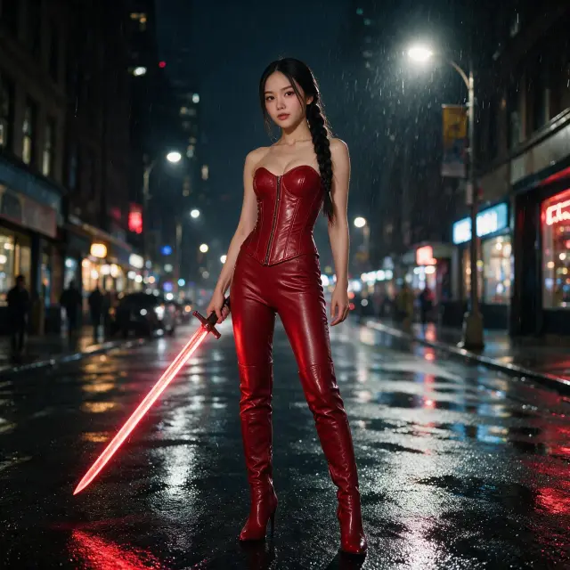 Photo realistic picture, Red leather corset, high heel red leather boots red leather tight trousers. Holding a glowing red sword in front of her in one hand. Rainy New York street during night, Long hair in braid.
