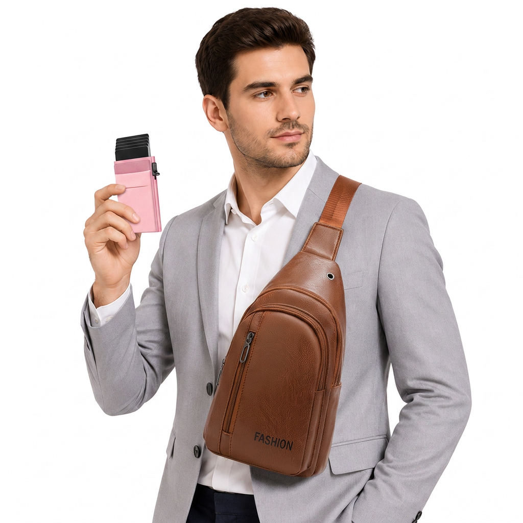 Office Commuter Business Set-Light brown Men's PU Leather Chest Bag and Pink RFID Blocking Aluminum Wallet - Waterproof Crossbody Sling Bag with Multi Pocket Storage, Slim Pop Up Card Holder, Lightweight Travel & Daily Commute Essentials