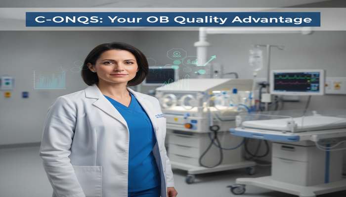 C-ONQS: Your OB Quality Advantage A confident female OB quality nurse specialist overseeing a modern neonatal care unit, embodying the strategic advantage and leadership that comes with C-ONQS certification.