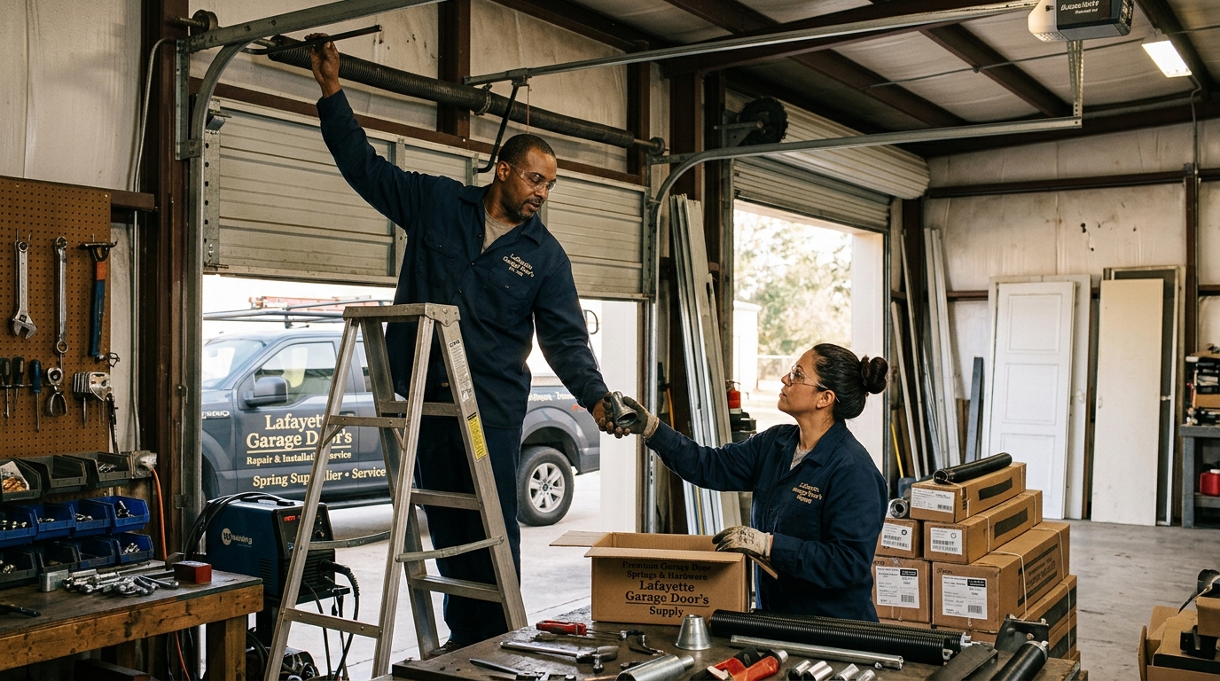 Garage door technician completing a repair in Lafayette, CA