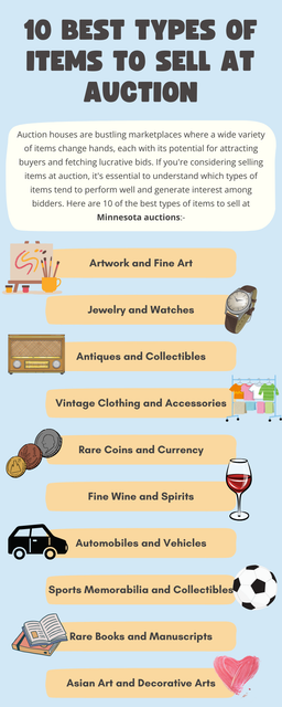 Selling items at Minnesota auctions can be a lucrative endeavor, especially when dealing with high-demand and desirable items. By focusing on categories such as artwork, jewelry, antiques, collectibles, and other sought-after items, sellers can maximize their chances of attracting bidders and achieving favorable sales outcomes. To know more visit here https://www.auctionmasters.com/