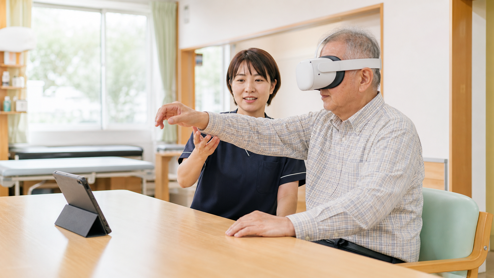 脳卒中後のVRリハビリで、療法士が見守りながら上肢を動かす練習場面