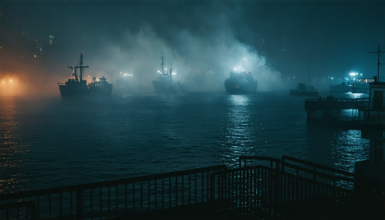 Smoke drifting over a dark harbor at night, illuminated from below by fading light