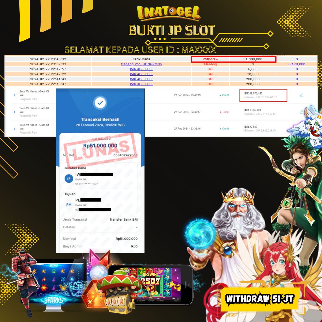 BUKTI PEMBAYARAN JP SLOT ZEUS VS HADES - GODS OF WAR Rp51,000,000,- LUNAS