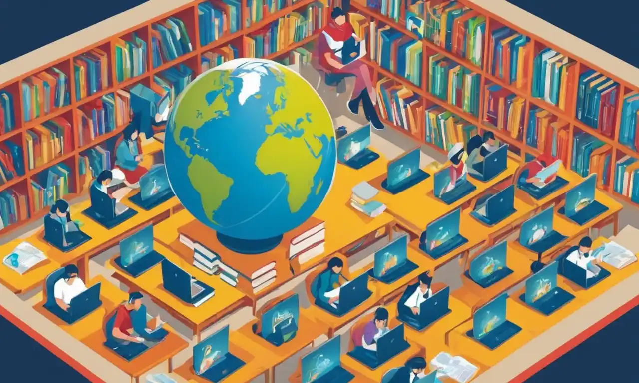 Un estudiante rodeado de libros y portátiles, con un globo en el fondo, representando la educación y la conciencia social en la propiedad intelectual.