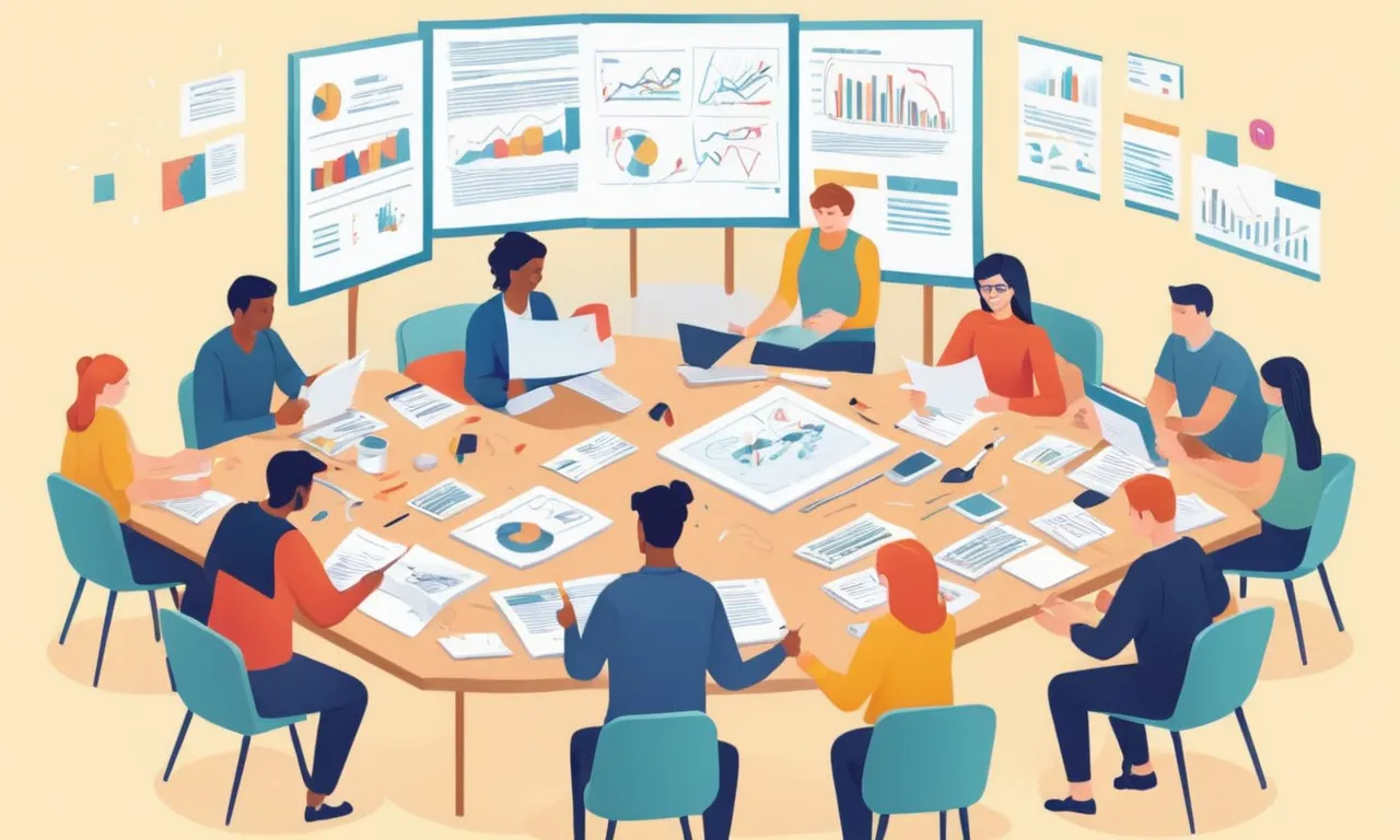 Un grupo de estudiantes que participan en un taller o sesión de capacitación sobre estrategias de comunicación eficaces, con ayudas visuales y notas dispersas.