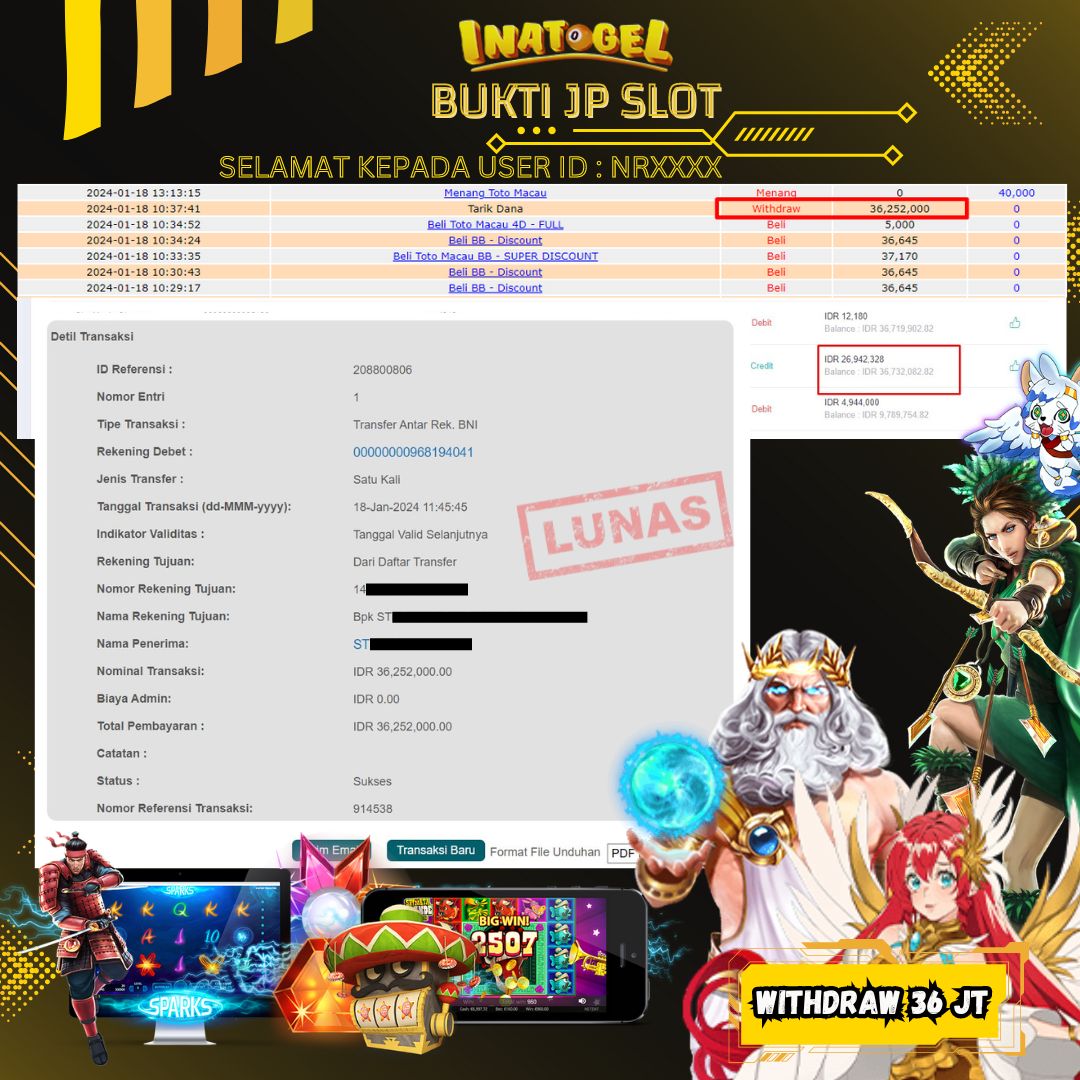 BUKTI PEMBAYARAN JP SLOT MANIA OLYMPUS Rp36,000,000,- LUNAS