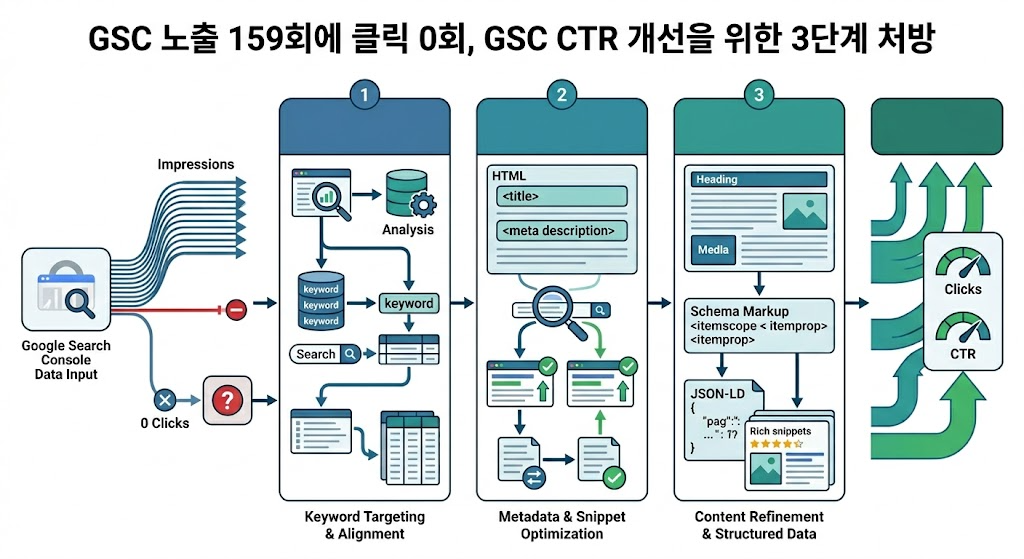 GSC 노출 159회에 클릭 0회, GSC CTR 개선을 위한 3단계 처방