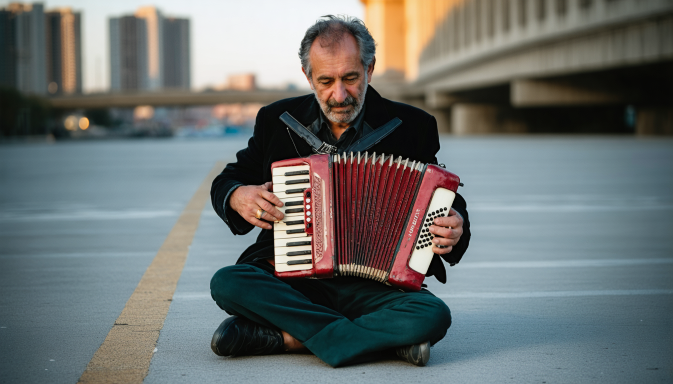 A man sitting on concrete playing an accordion at dusk, legs extended, with golden solstice light on his face, no audience visible.