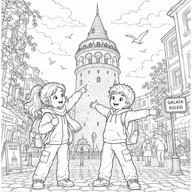 Galata Tower coloring page – Nur and Yusuf pointing at the tower