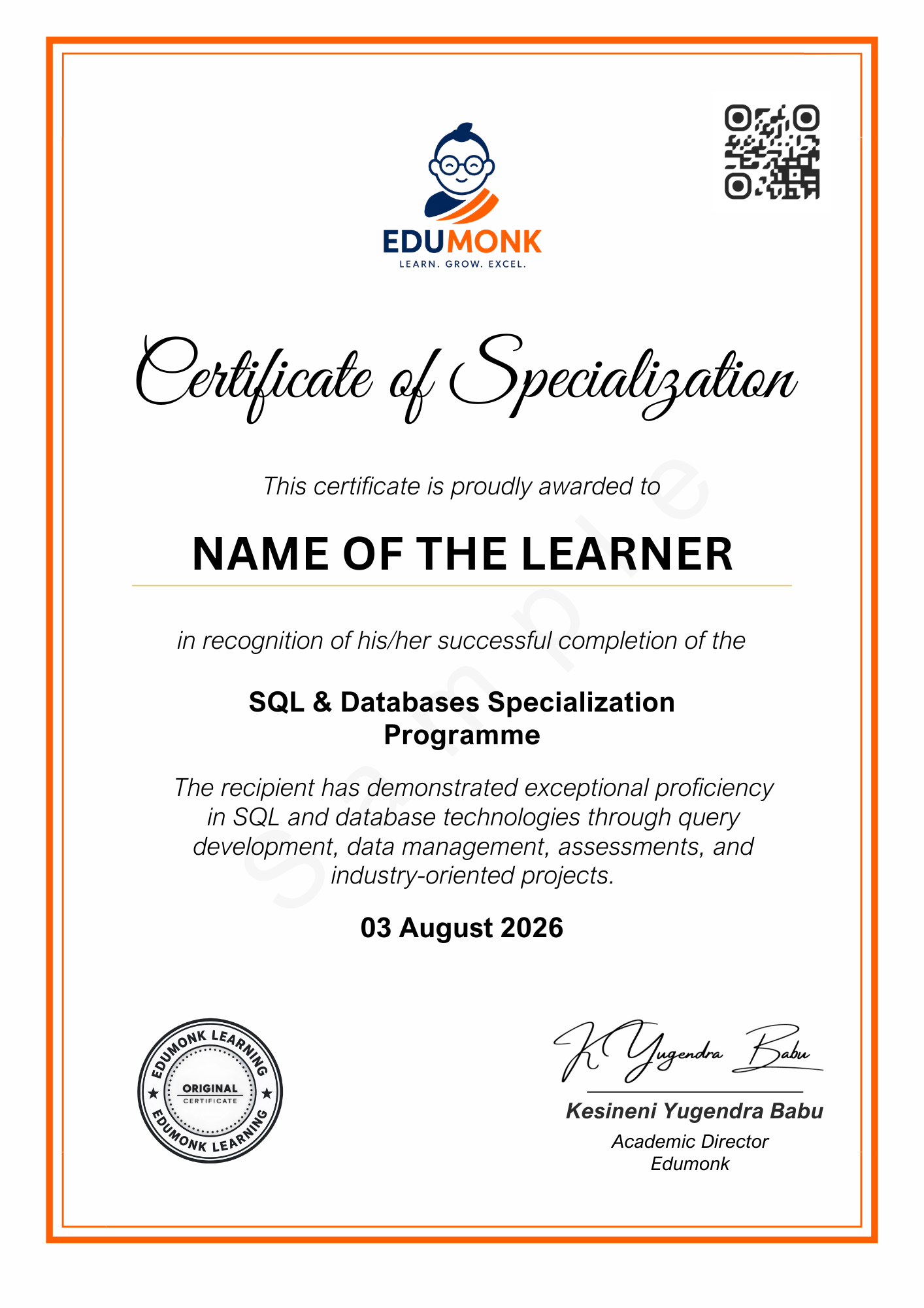 Sample EduMonk SQL & Databases Certificate of Specialisation showing the programme credential layout