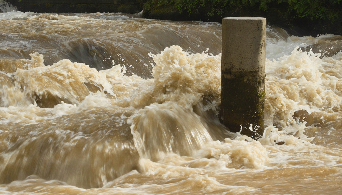 Floodwater flowing around a stone bridge piling, turbulent and indifferent.