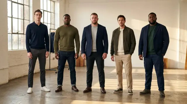 Five diverse men with different body types wearing well-tailored outfits in bright studio