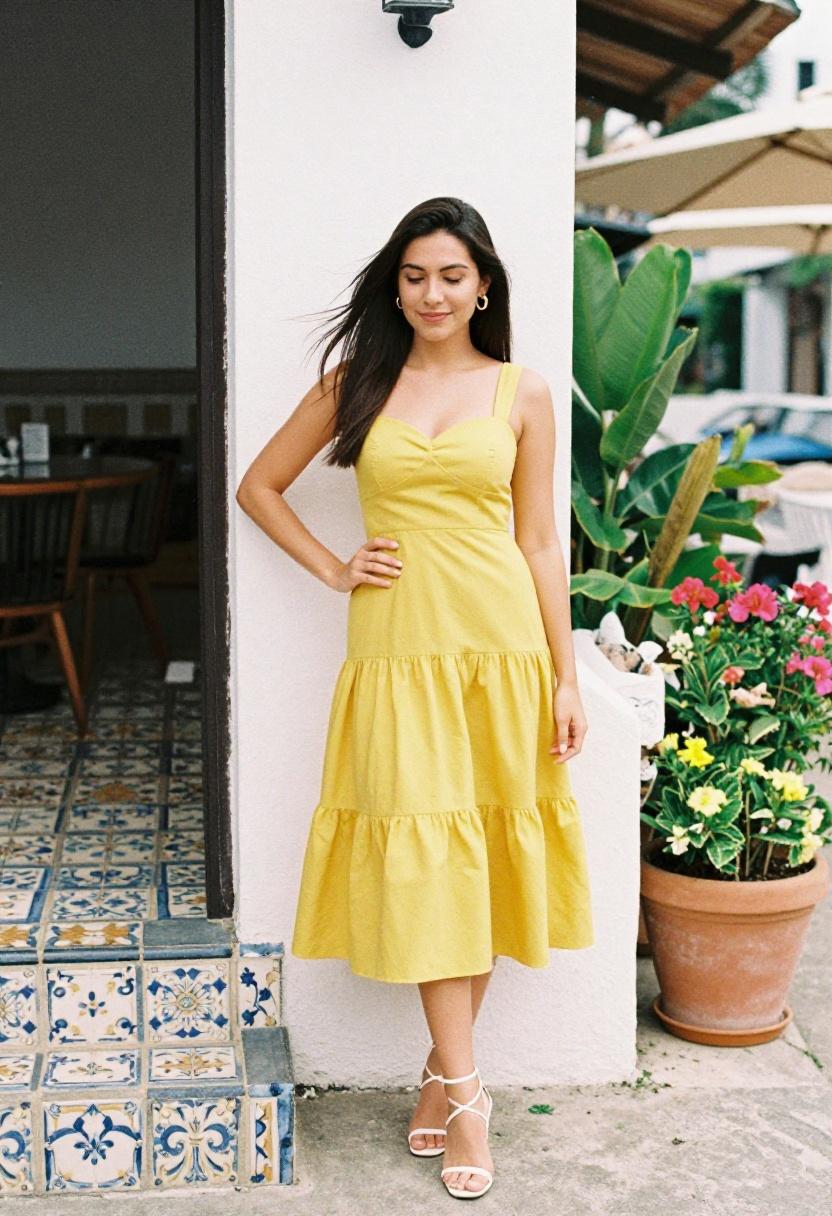 Saffron yellow tiered midi dress with sweetheart neckline for spring bridal shower