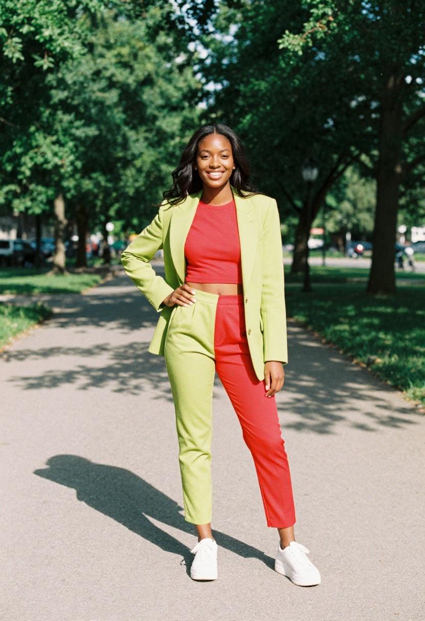Lime green and bold red colorblock separates in spring park