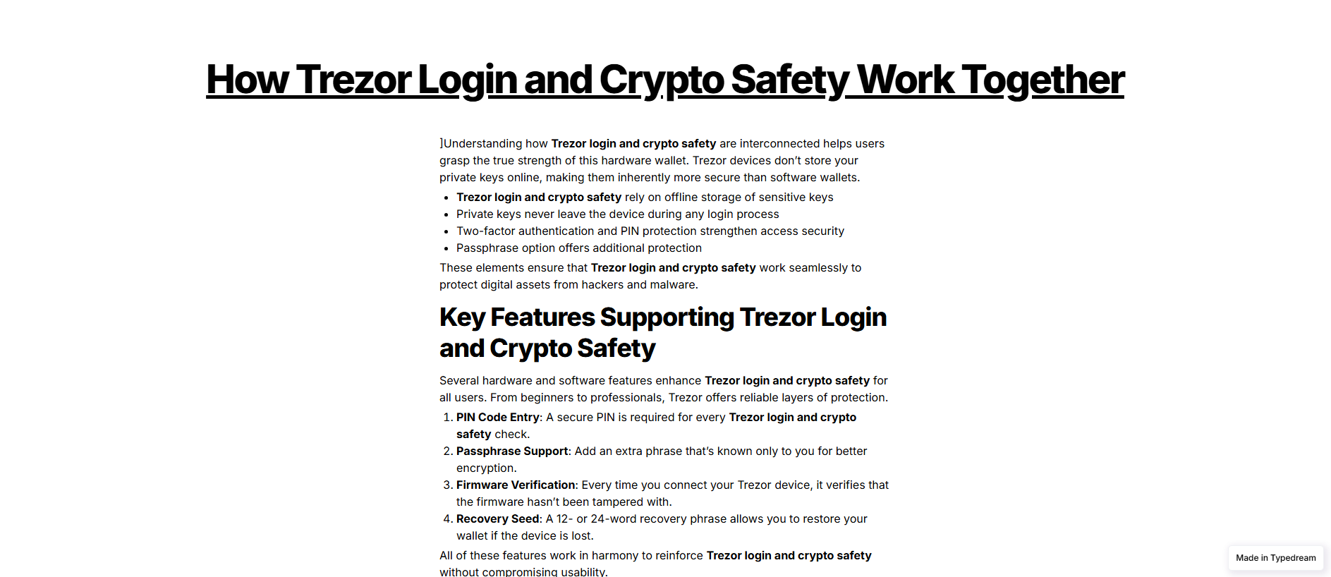 Forensic screenshot of auth-trezor-walet.typedream.app showing the phishing page layout