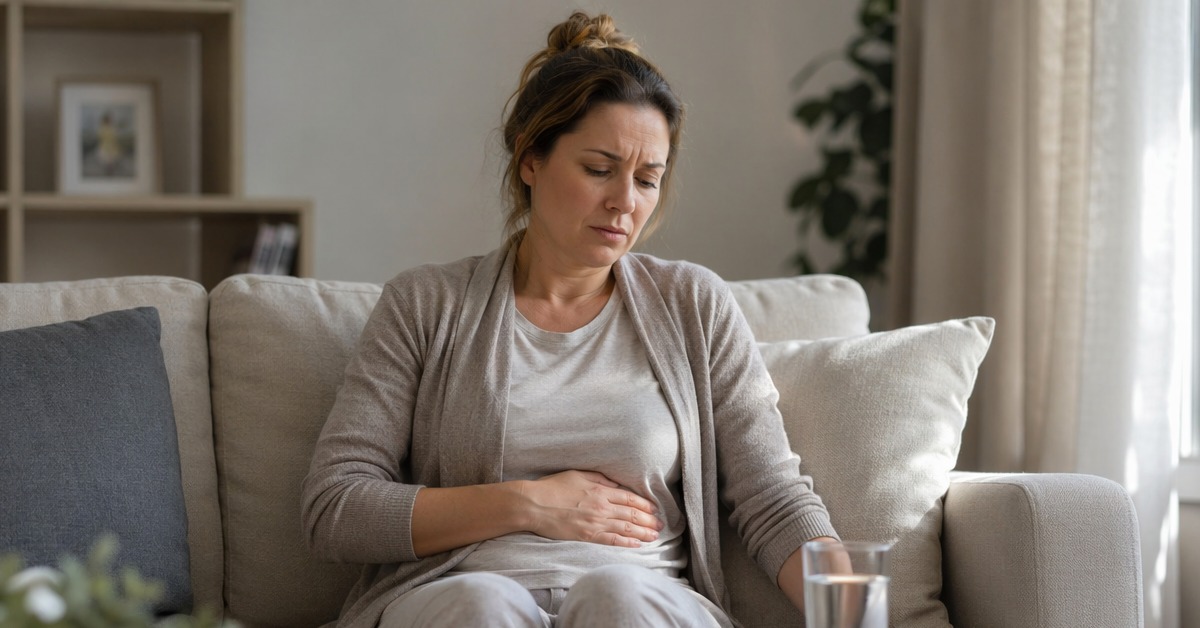 A woman in her late thirties sitting on a couch with her hand on her stomach and a glass of water nearby — the specific manageable nausea that affects 40-50% of patients during GLP-1 dose escalation, typically resolving within 4-8 weeks as the body adjusts
