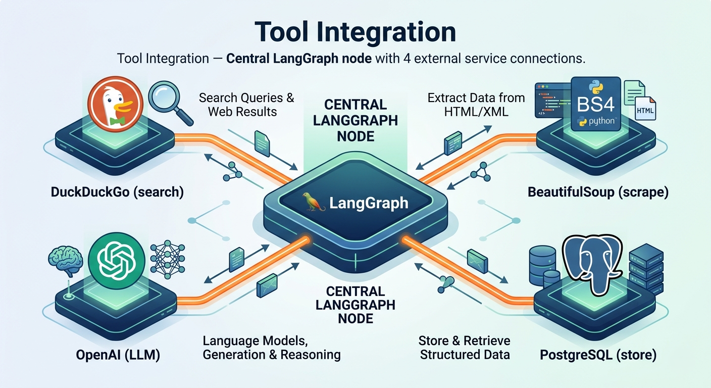 LangGraph tool integration architecture showing nodes connecting to external APIs web search and databases