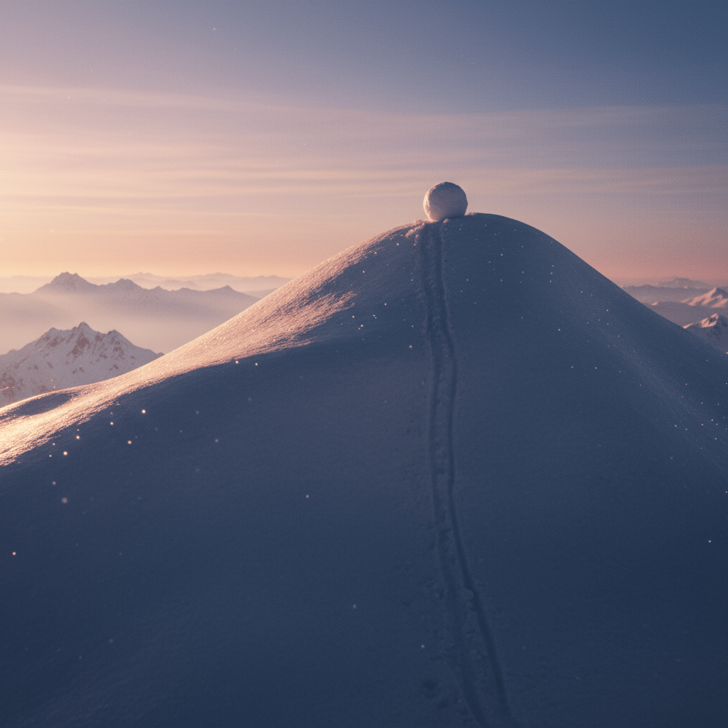 A small snowball starting to roll down a vast, snowy mountain, catching the first light of dawn, symbolizing growth and potential.