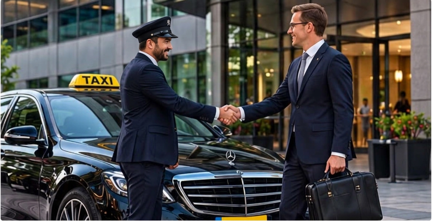Zakelijke reizigers geven elkaar een hand naast een luxe taxi