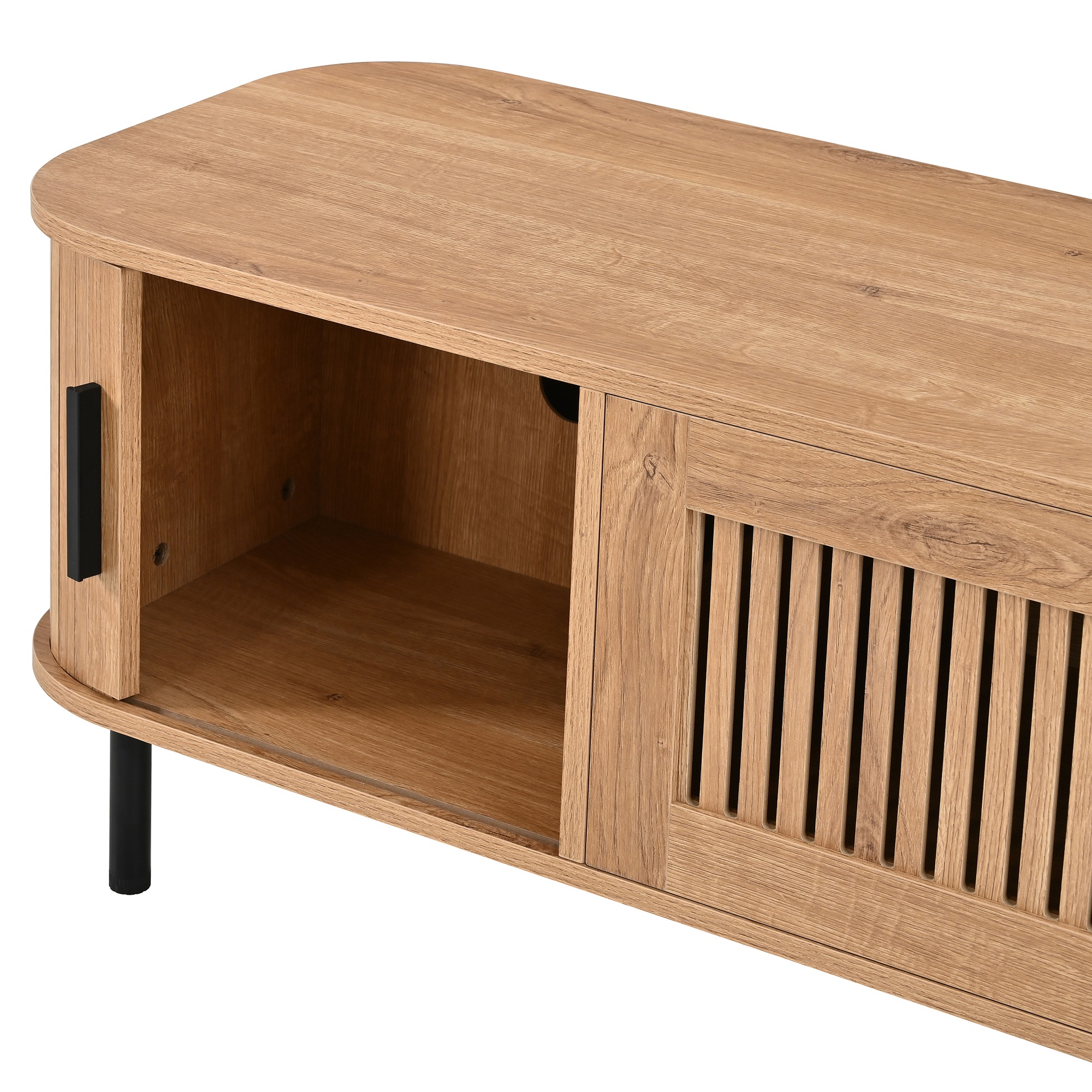 Meuble TV Naturel, 2 Tiroirs, Rangement, Éclairage LED, Gestion des Câbles, Portes Coulissantes - 180x40x44.5cm - Salon 3