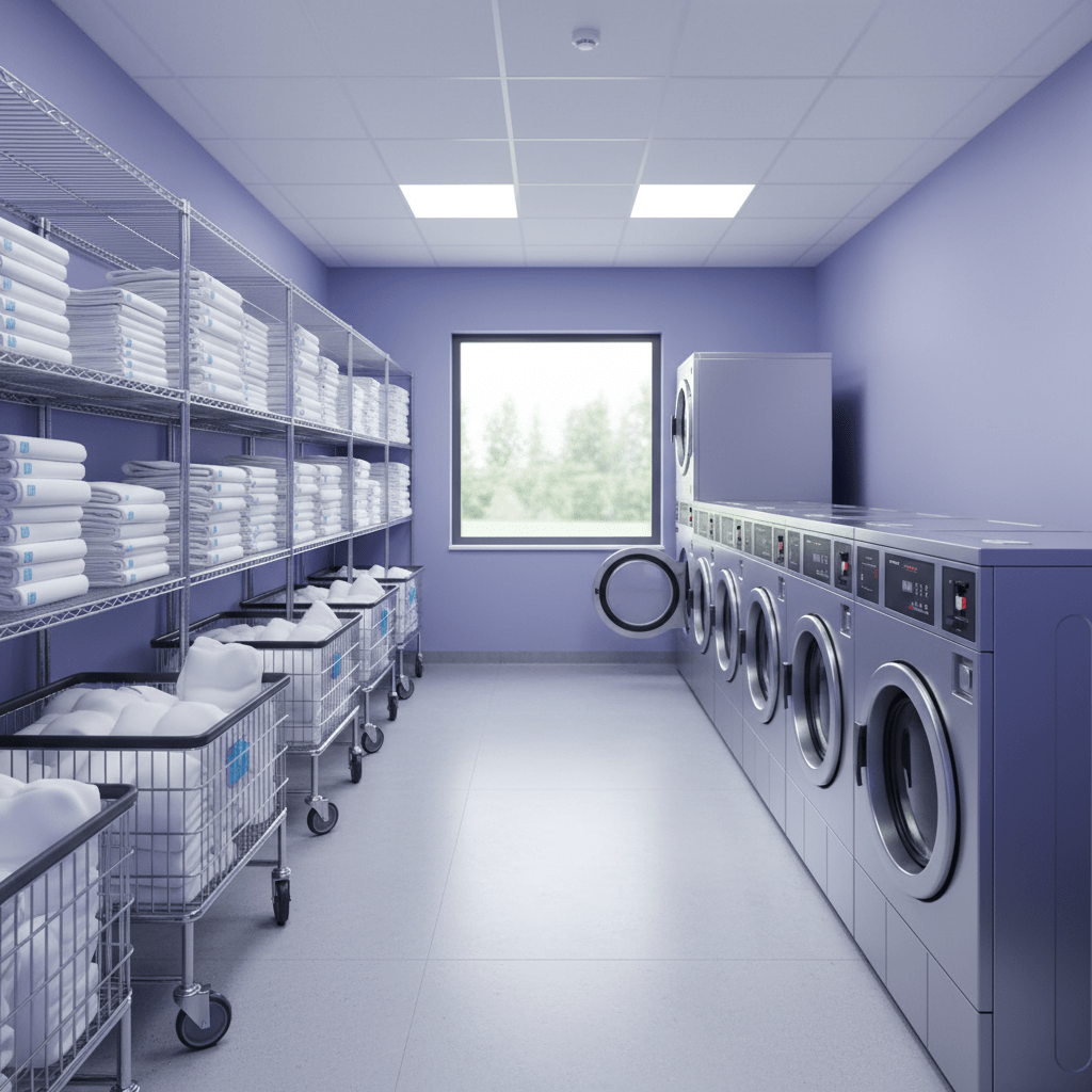 Modern hotel laundry room with stainless washers and organized linens