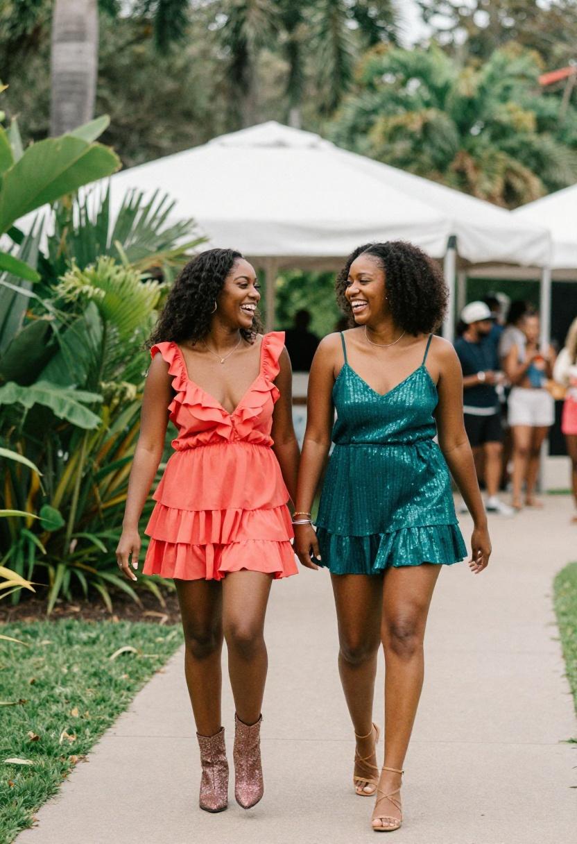 Two best friends in coral ruffles and teal sequins showing that Eras Tour style is better together