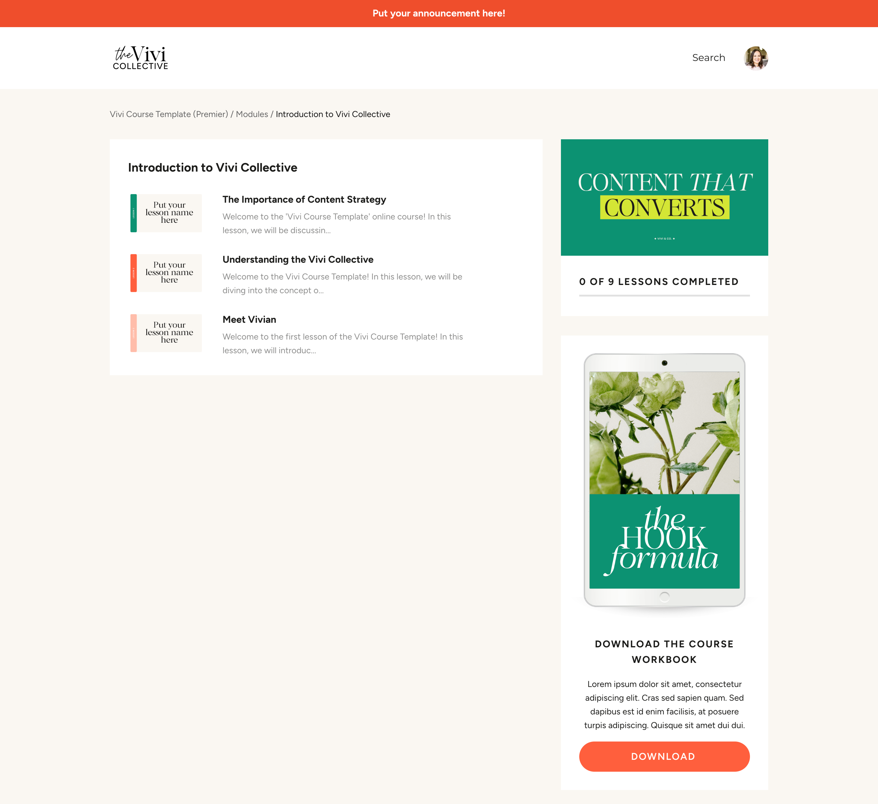 Vivi Course Template Lessons Page Desktop