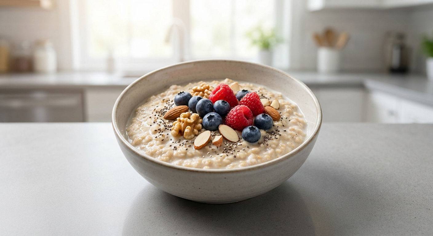 Kremowa owsianka proteinowa z owocami i orzechami.