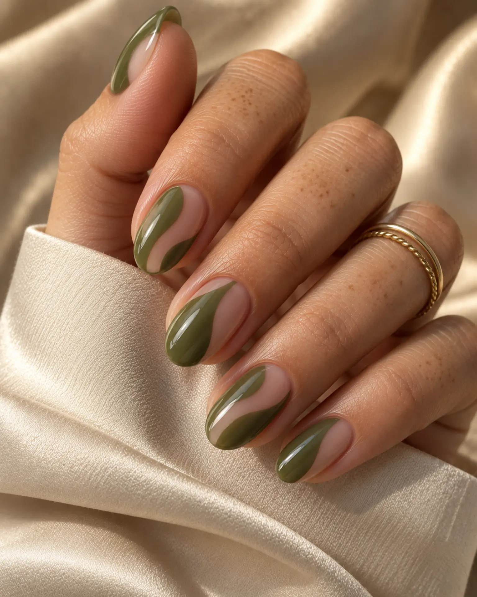 Olive Negative Space manicure inspiration for green nail ideas
