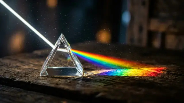 Glass prism splitting white light into rainbow spectrum on dark surface, dramatic mood
