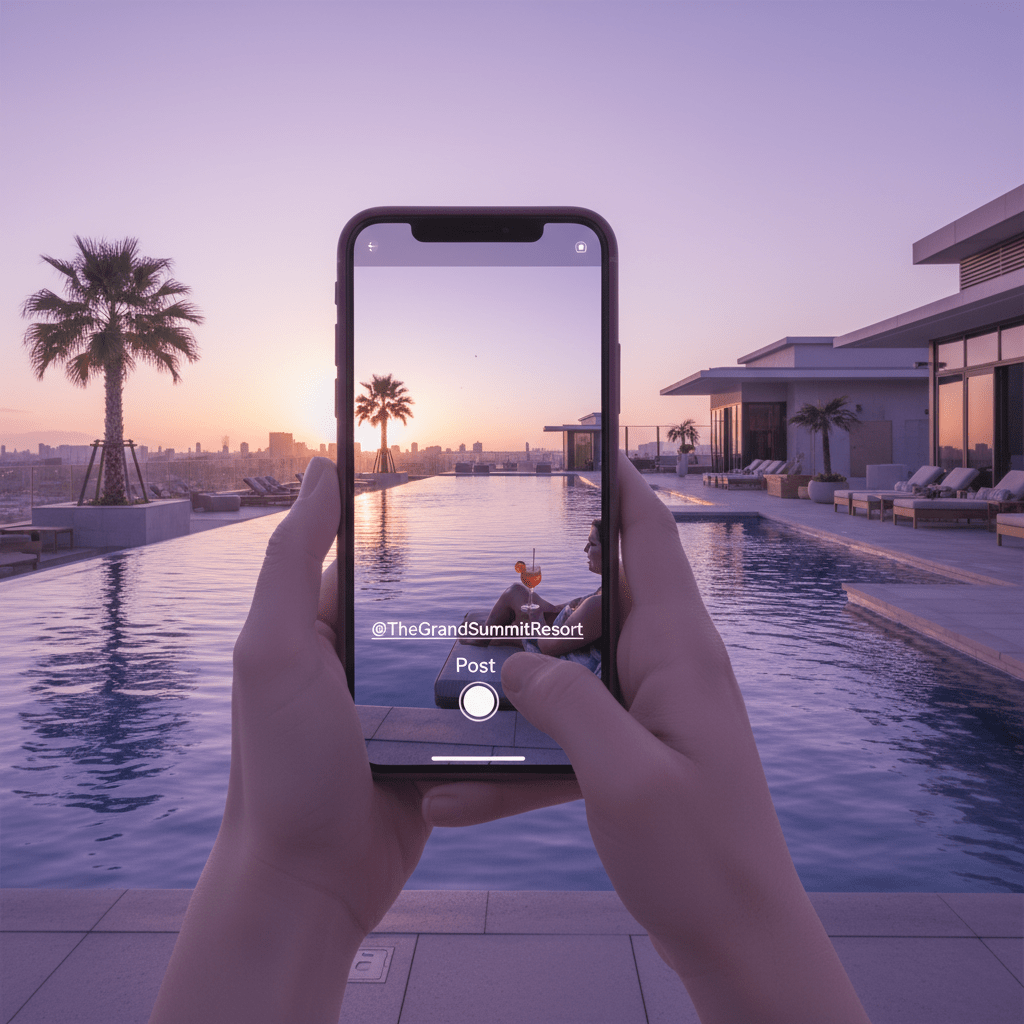 Hotel guest posting a rooftop pool photo on smartphone, tagged hotel, warm travel vibe