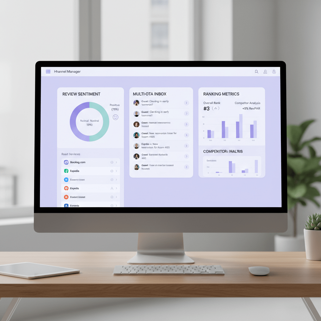 Hotel channel manager dashboard with review sentiment and ranking metrics