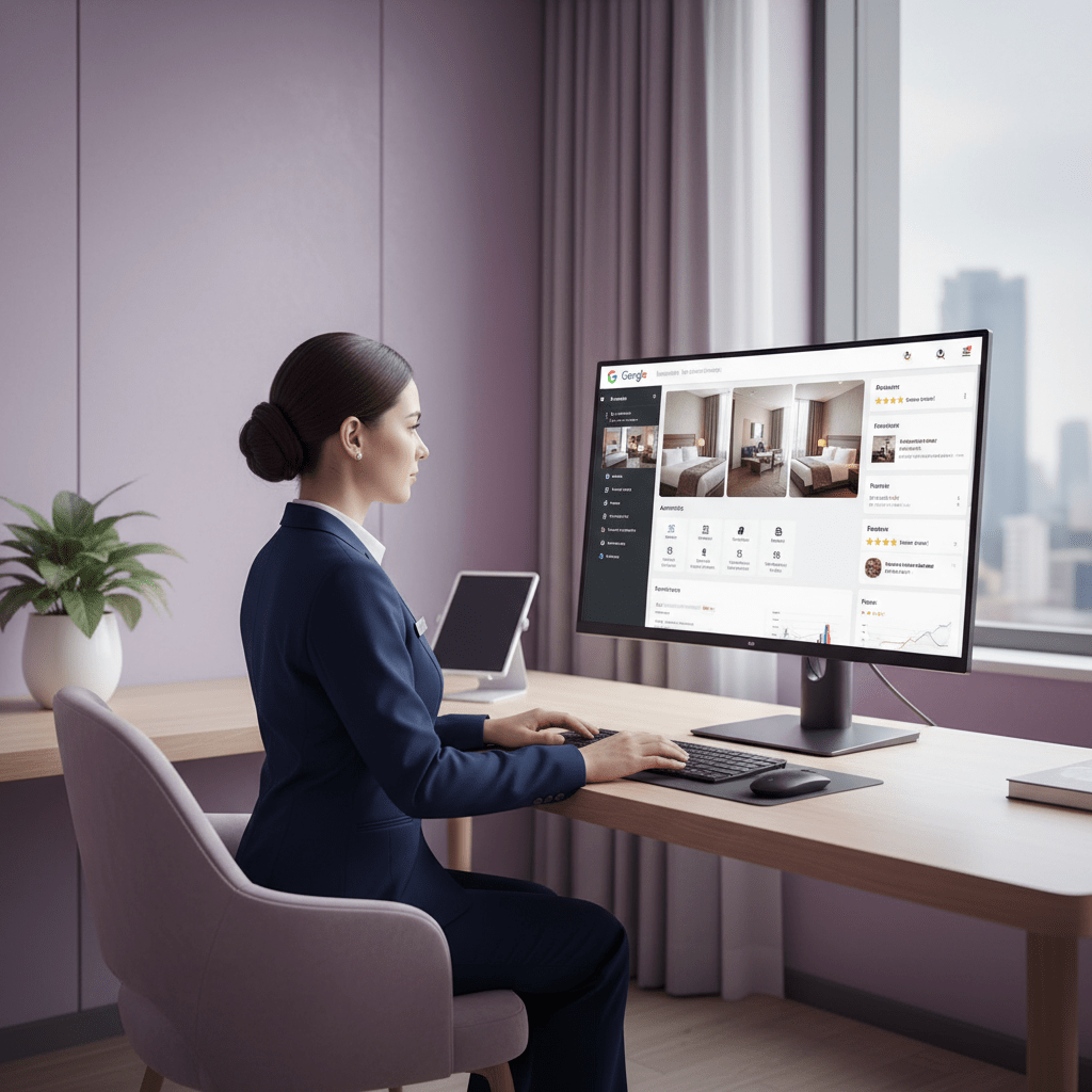 A hotel website optimization workspace with local-focused pages on a laptop