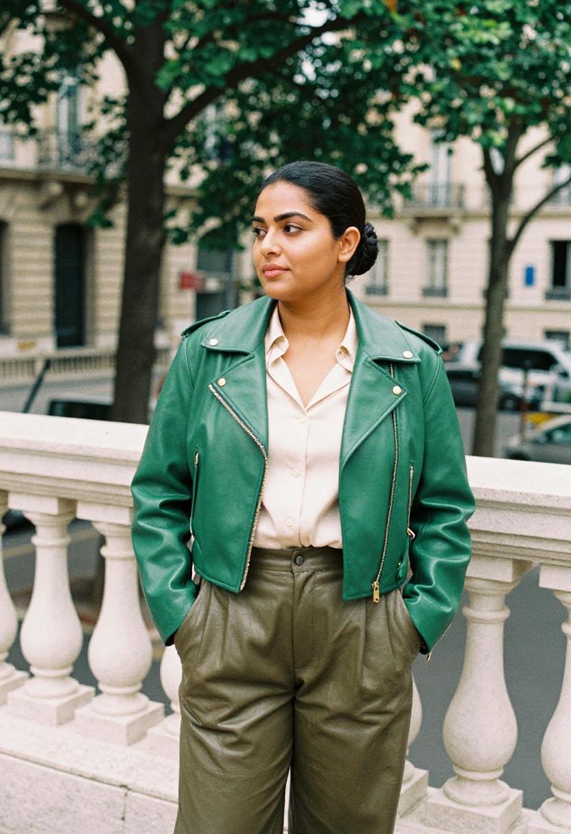 Plus size woman in emerald green cropped leather jacket with gold hardware and wide-leg trousers on European street