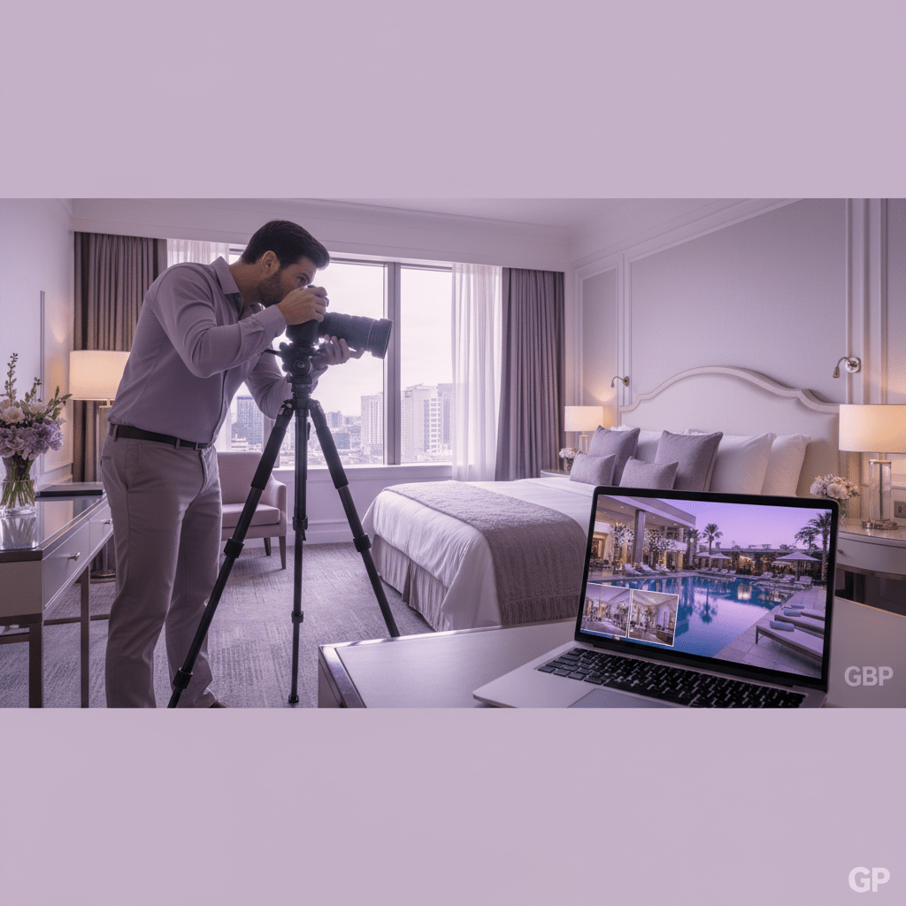 A hotel manager reviewing Google reviews and performance insights on a tablet in an office, with booking analytics and reply notifications visible