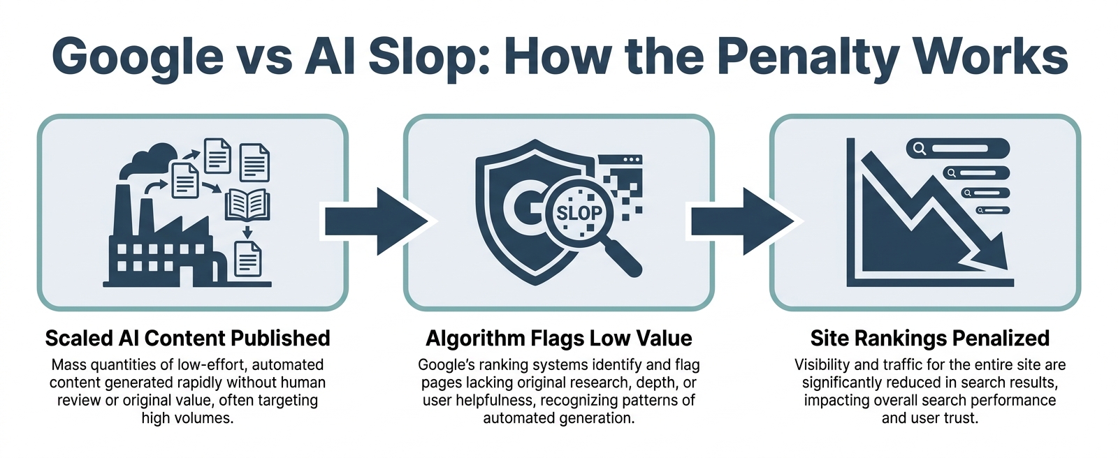 Three-step horizontal process flowchart showing how Google penalizes AI slop: scaled content published, algorithm flags low value, site rankings penalized, in The Zulu Method brand colors