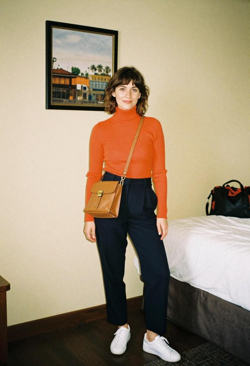 Woman in vibrant tangerine turtleneck with tan leather crossbody bag in hotel setting