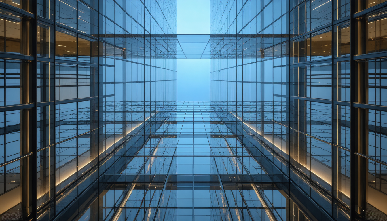 A single elevator shaft cut open to reveal many floors and one empty rooftop, lit in muted evening blue and amber, with no way to tell which level the rider is on.
