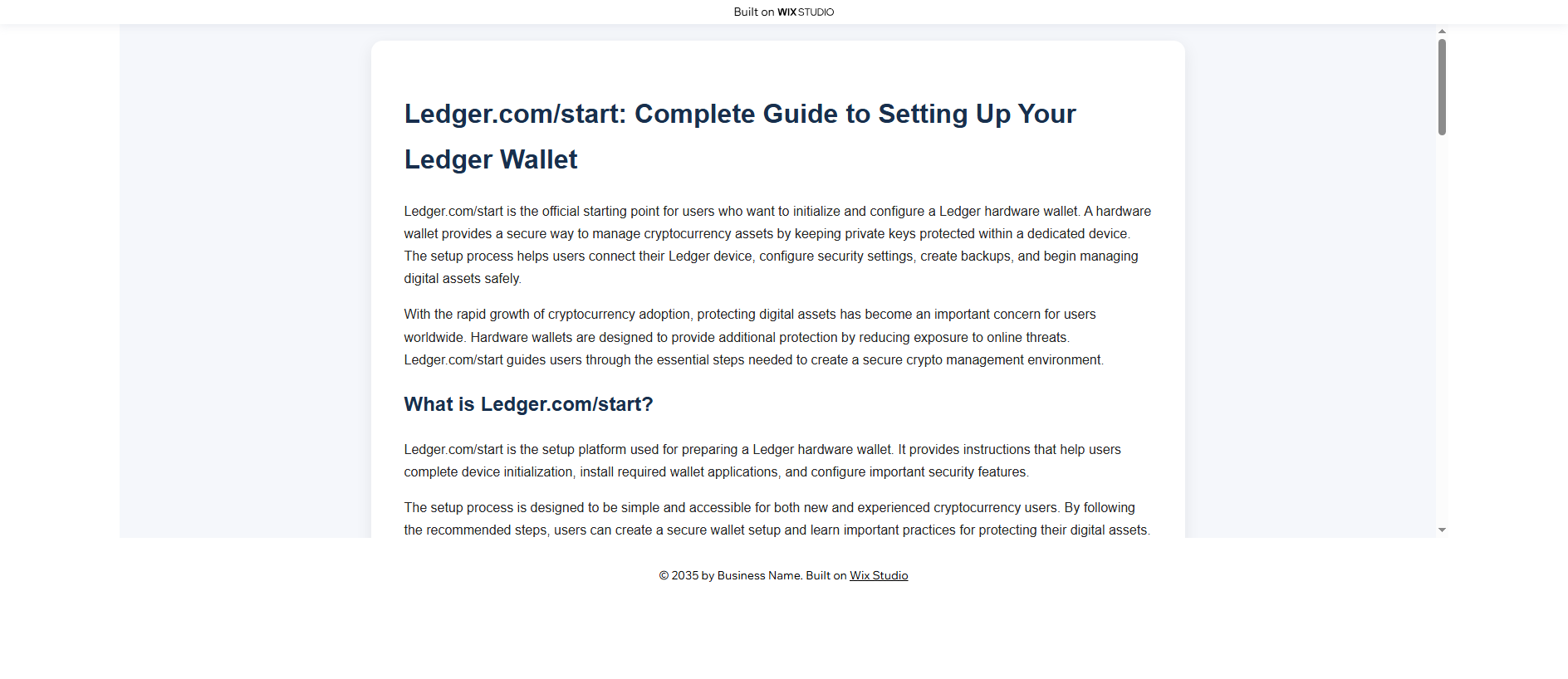 Forensic screenshot of startmyledger.wixstudio.com showing the phishing page layout