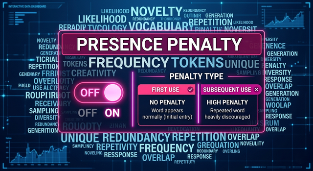 Presence penalty binary token penalization diagram showing vocabulary diversity promotion in AI text generation