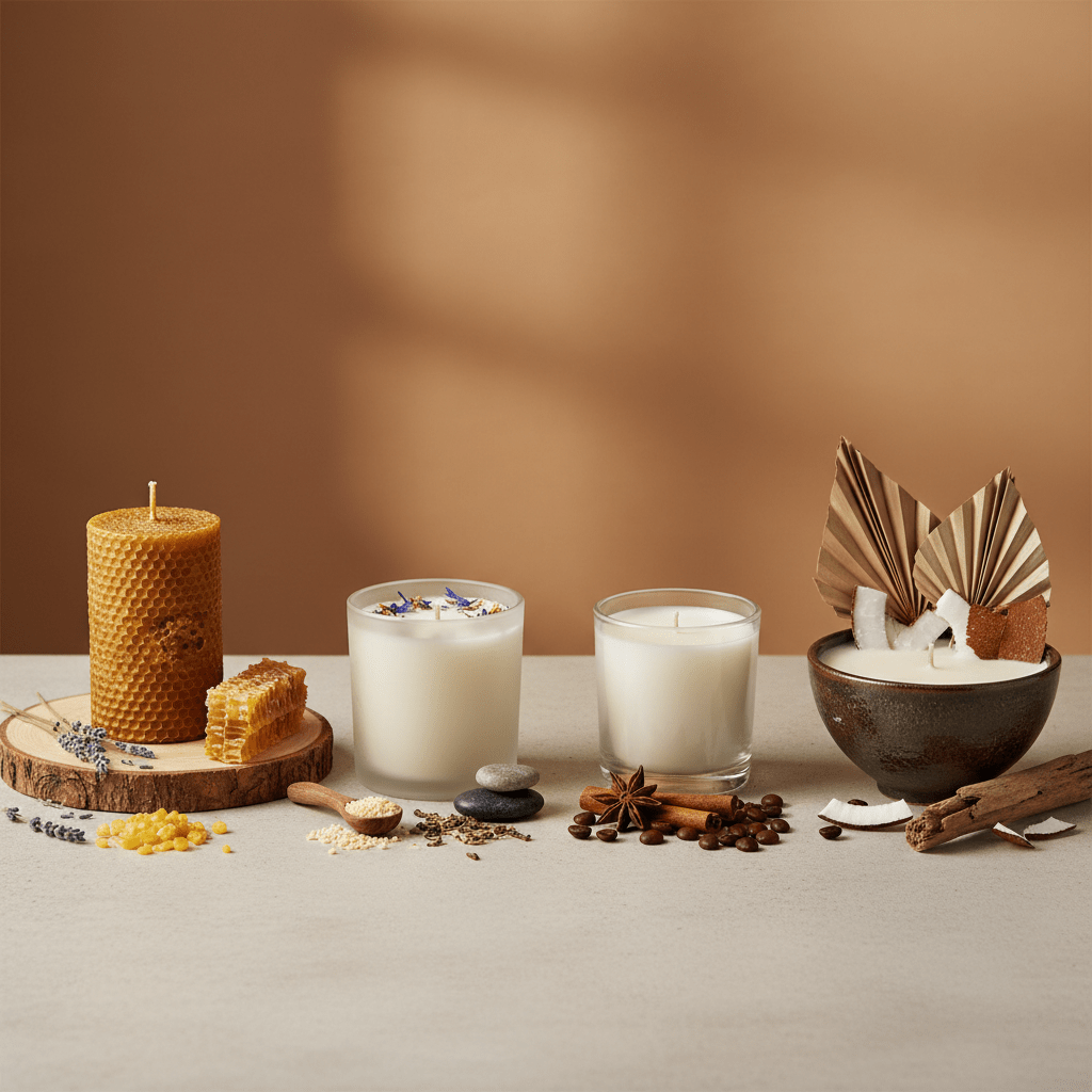 Side-by-side tabletop comparison of beeswax, soy, paraffin, and coconut candles with natural materials