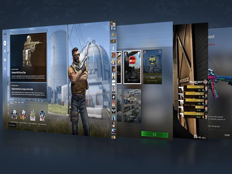 Valve’s CS:GO Panorama preview showing the main menu, map selection and in-game scoreboard