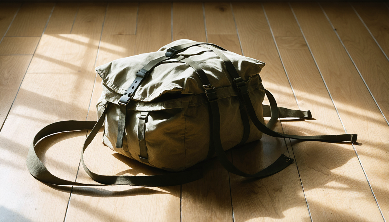 A single borrowed parachute pack on a wooden floor in raking morning light, its loose straps trailing toward a cord that is not where the hand expects it.