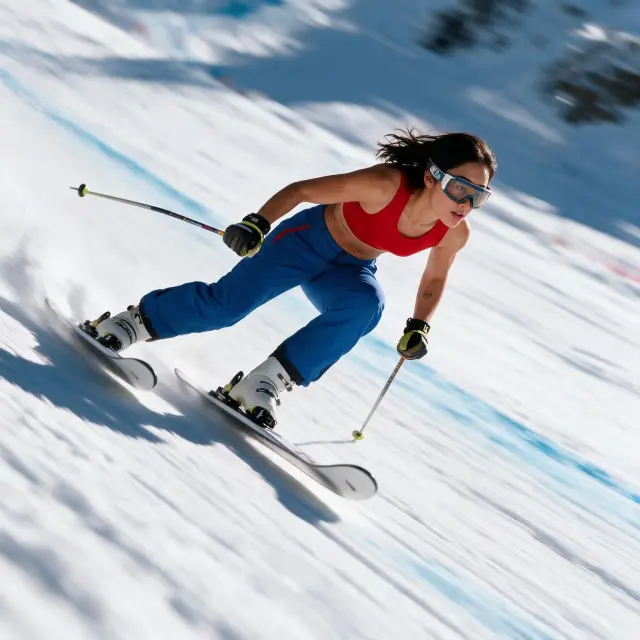 Olympic alpine skier, racing down an Olympic downhill course, athletic figure, she is wearing a red crop tank top and blue ski pants, ski goggles, and white skis. Holding ski sticks in her hands. Determined expression, skiing past the camera, blurred ski slope background, natural lighting