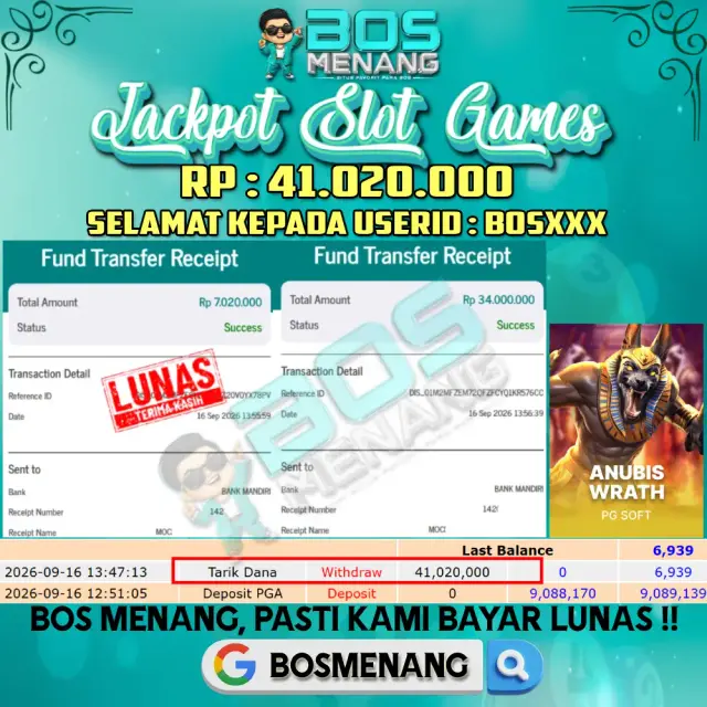 Bukti JACKPOT Tanggal 16 SEPTEMBER 2026 - MENANG SLOT GAMES - Anubis Wrath (PGSoft) Rp 41.020.000,-