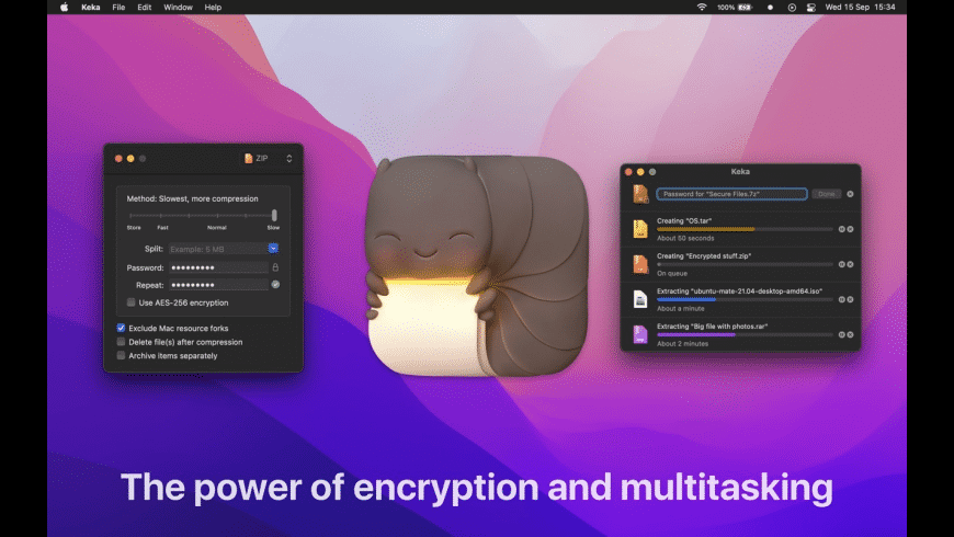 Keka Mac — file archiver window showing compression formats and drag-and-drop area