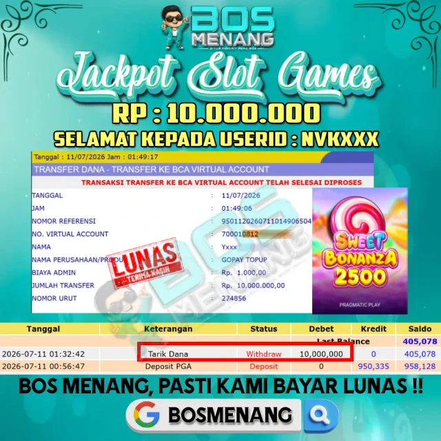 Tanggal 11 JULI 2026 - JACKPOT SLOT GAMES - Sweet Bonanza  (PRAGMATIC PLAY)  Rp 10.000.000,-