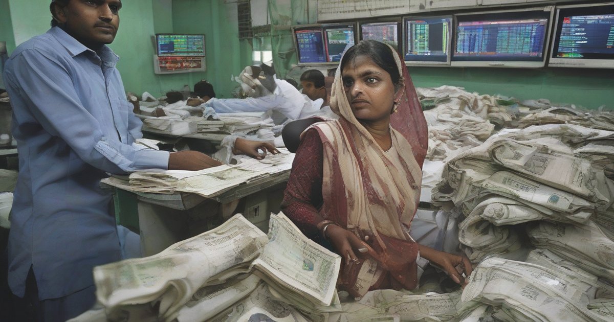 Empty garment factory floor with idle sewing machines and fabric rolls under dim lighting