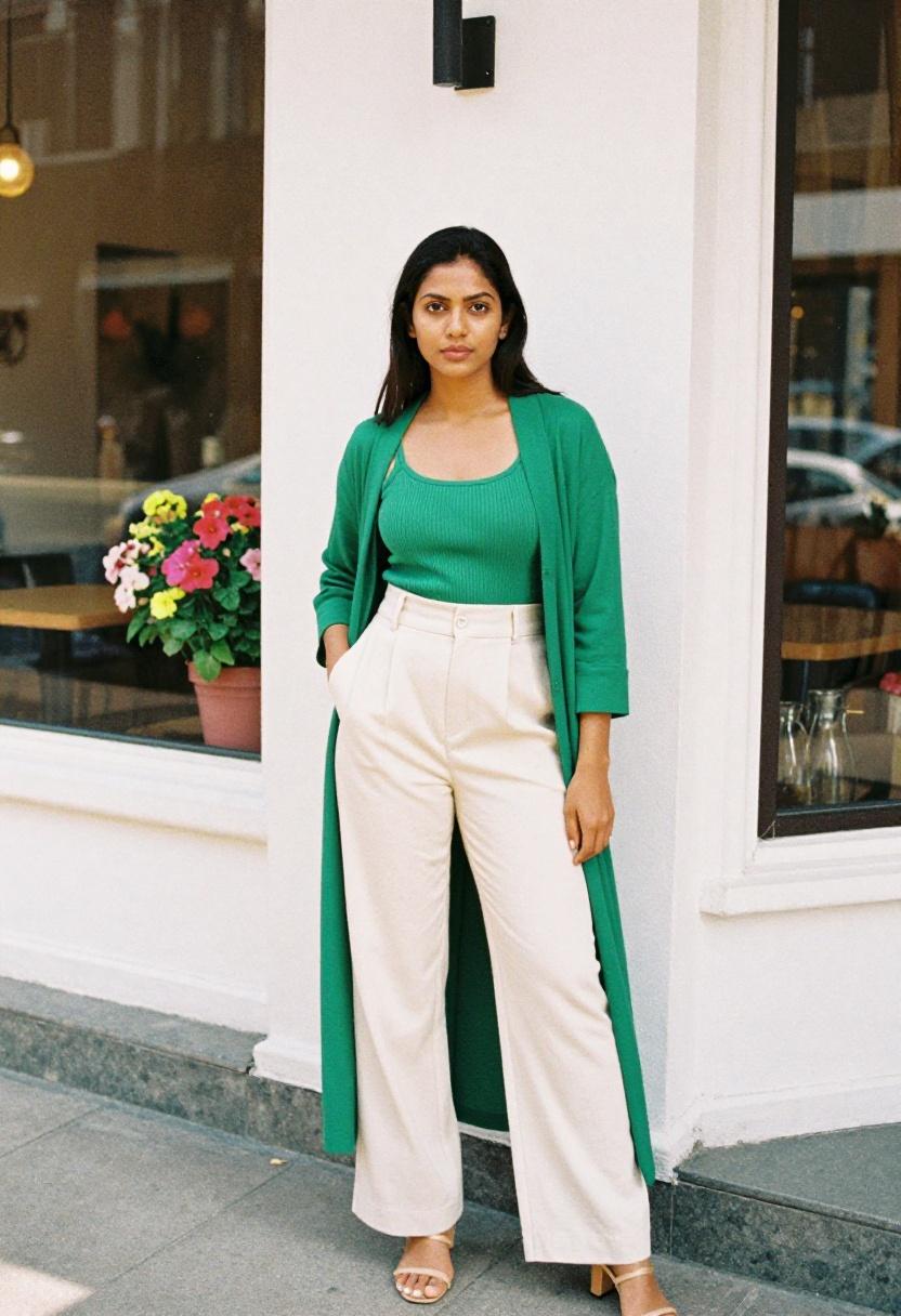 Emerald green longline cardigan draped over ivory wide-leg trousers for spring street style